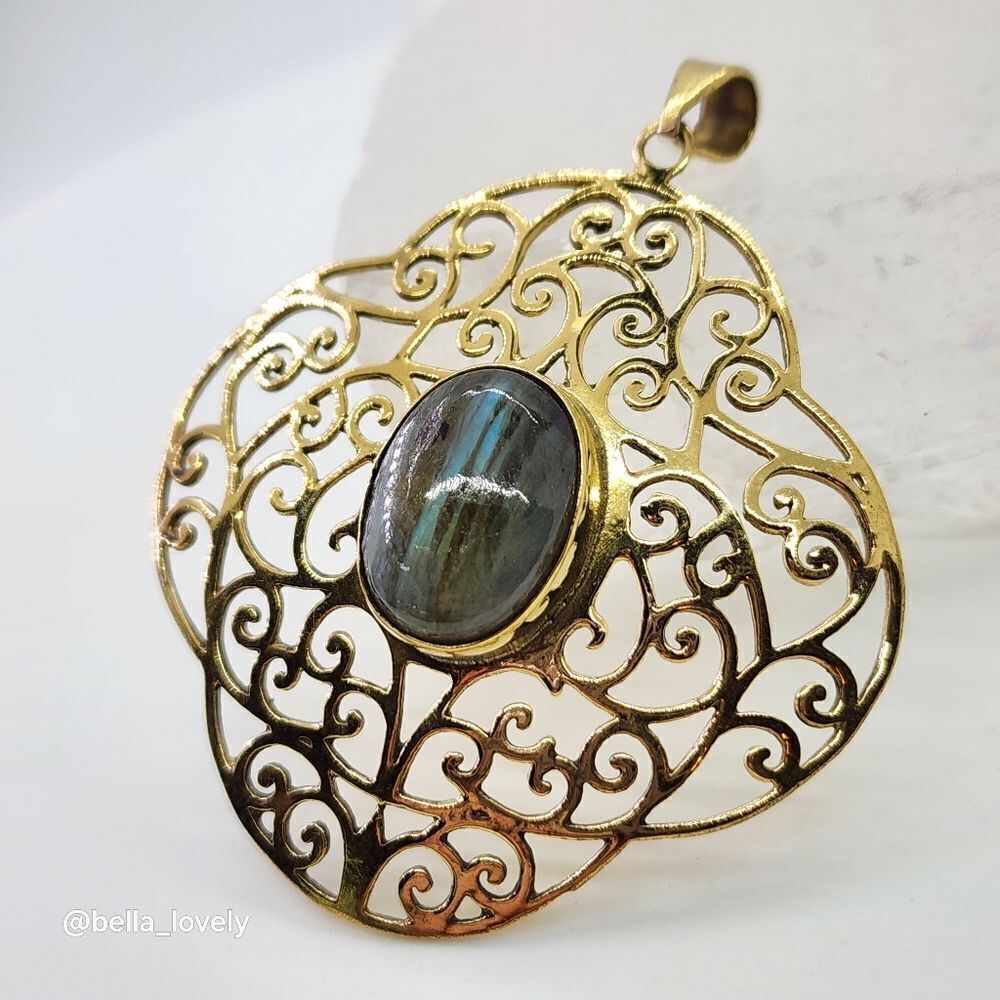 Labradorite Gold Toned Ethnic Handmade Filigree Pendant Jewelry 2.27"